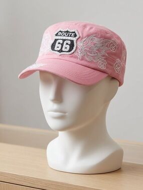 Route 66 Pink Cadet Cap Hat OSFM Rhinestone Military Style